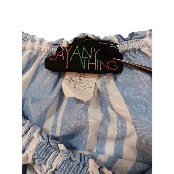 VINTAGE Y2K 2000s Blouse Top Size XL Flowy On or Off Shoulder Blue White Stripes - Picture 9 of 9